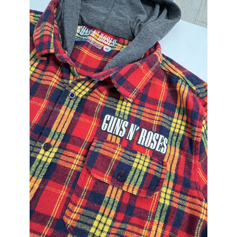 Guns N Roses Flannel Hooded Shirt XL Red Yellow Rock Roll Axel Skulls Appetite - Picture 4 of 9